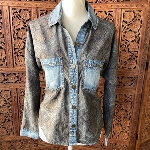 Free People Western Denim Trim Paisley Button down Shirt